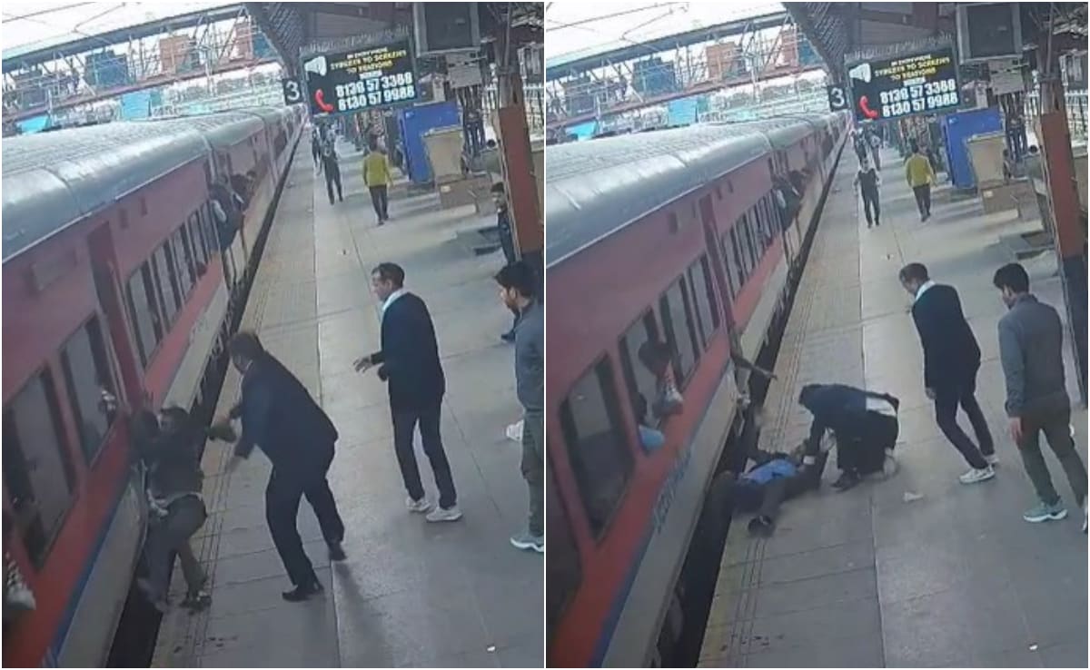 VIDEO: चलती ट्रेन में चढ़ने की कोशिश में गिरा यात्री, रेल कर्मी की सूझबूझ और सतर्कता से बची जान