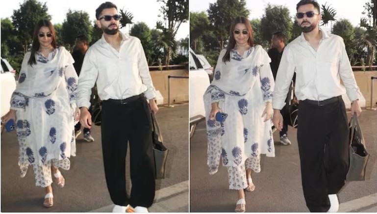 गले में तुलसी की माला और माथे पर बिंदी लगाए अनुष्का शर्मा पति विराट के साथ एयरपोर्ट हुईं स्पॉट, सादगी ने जीता फैंस का दिल