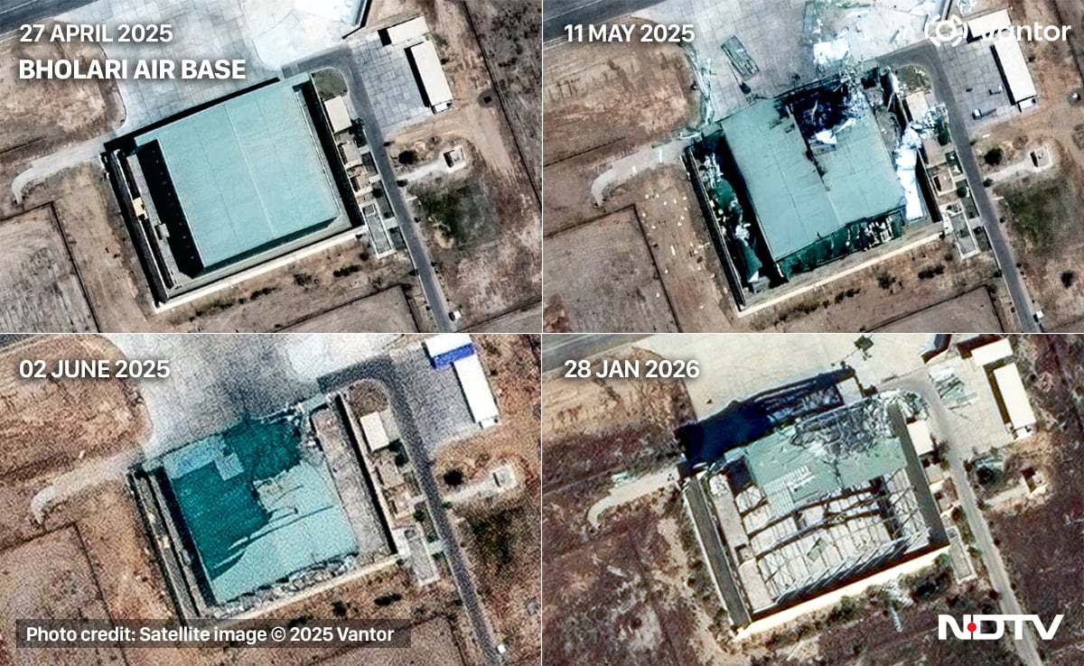 Pre-attack and post-attack images of the hangar at Bholari airbase struck by the IAF on May 10, 2025
