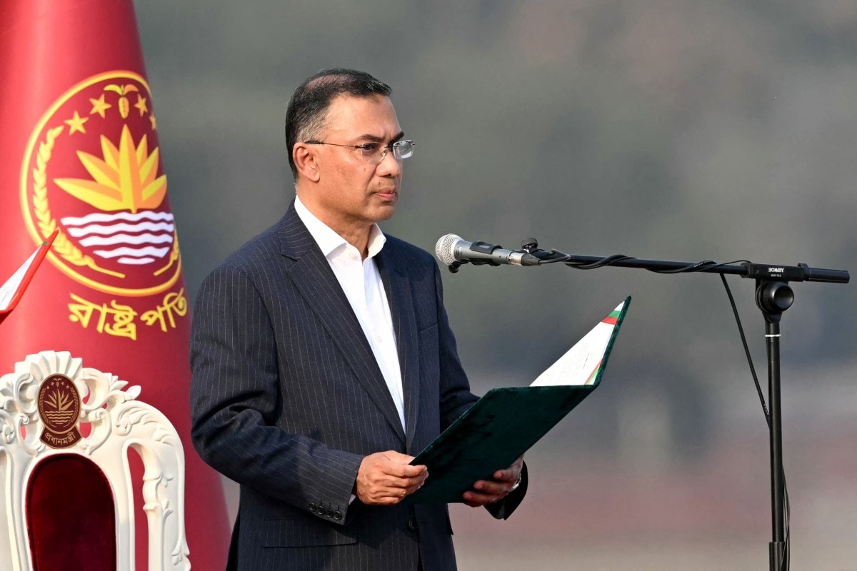 BNP chairman Tarique Rahman takes oath as prime minister during a swearing-in ceremony at the National Parliament building in Dhaka on February 17, 2026.