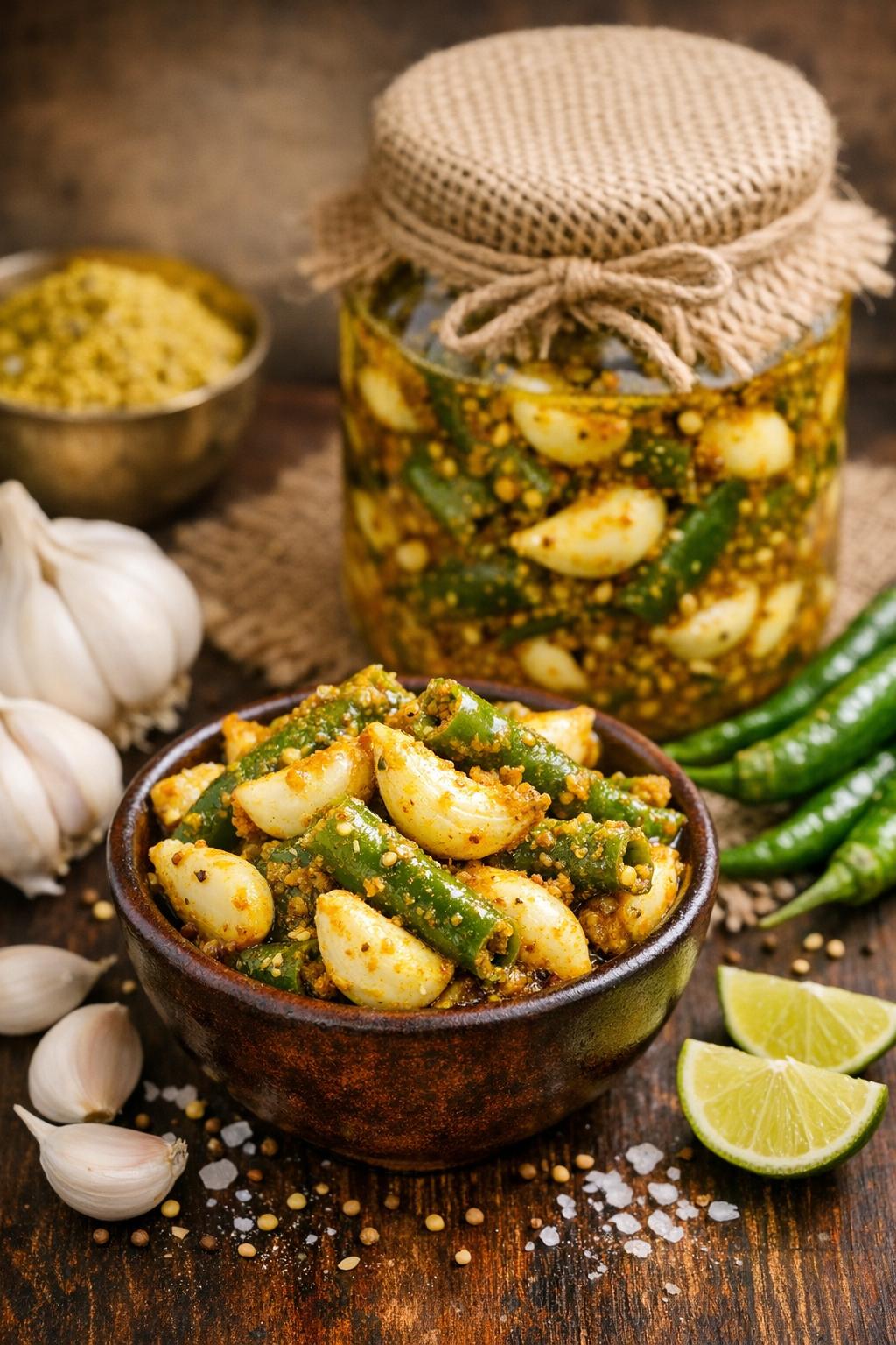How To Make Garlic Green Chilli Pickle