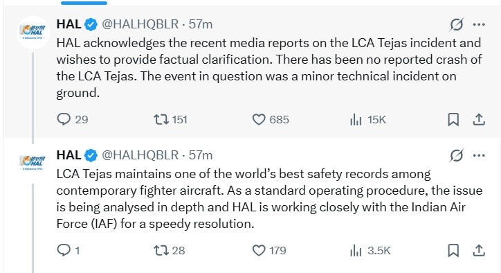 तेजस क्रैश की खबरों पर HAL की प्रतिक्रिया. तेजस क्रैश की खबरों पर HAL की प्रतिक्रिया.