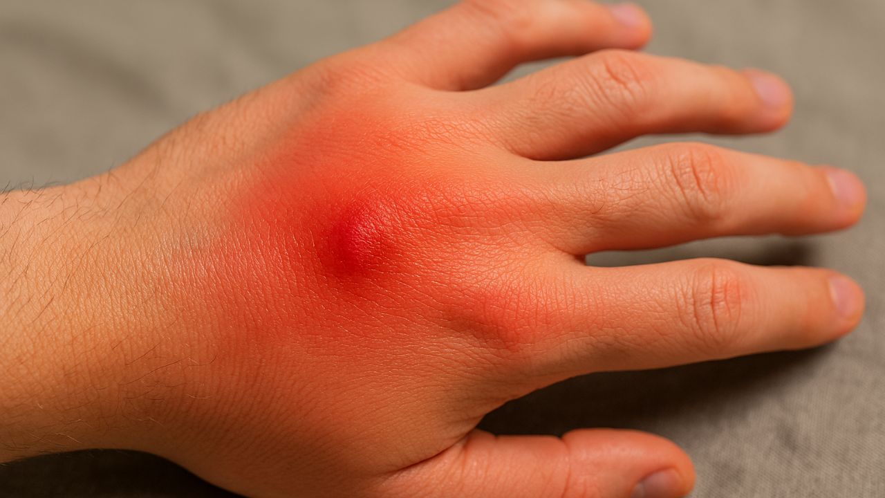 Spider bite causes redness, pain and swelling in the hand