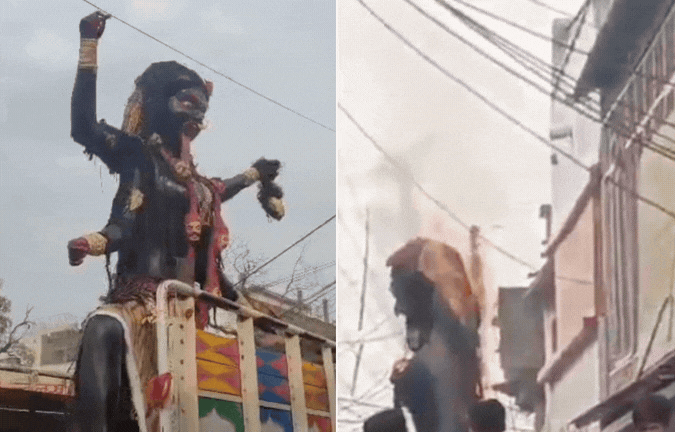 VIDEO: मां काली की प्रतिमा में अचानक लगी आग, बीच सड़क पर धू-धू कर जली मूर्ति