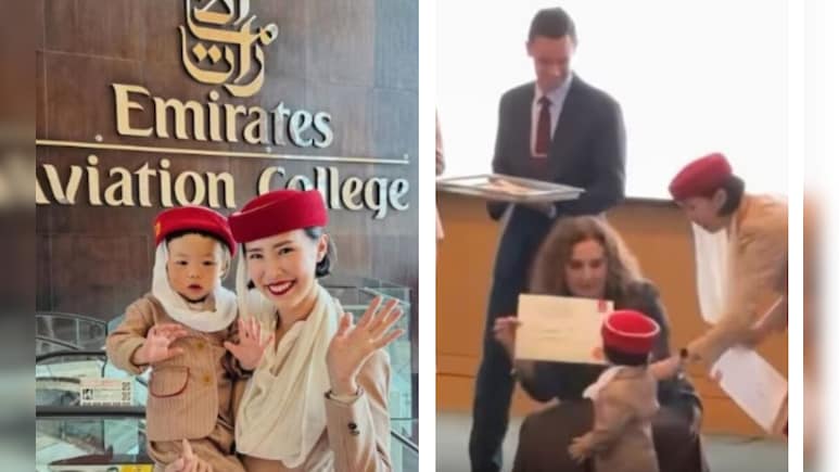 रेड हैट, मैचिंग यूनिफॉर्म और नन्ही सी जान! बेटी संग जब स्टेज पर पहुंची फ्लाइट अटेंडेंट, नजारा देख रो पड़े लोग