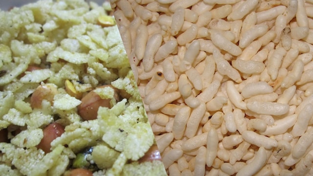 Chivda is a mixture of flattened rice with nuts and spices, while murmura is just plain puffed rice