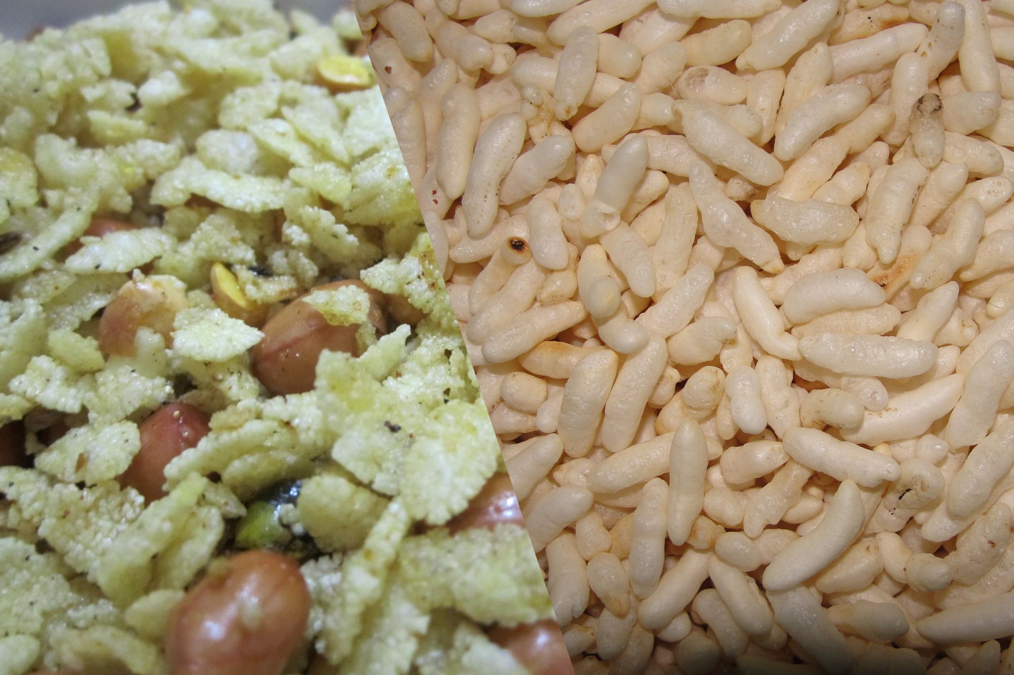 Chivda is a mixture of flattened rice with nuts and spices, while murmura is just plain puffed rice