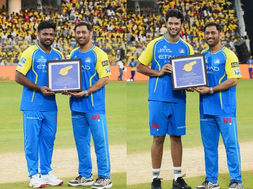 MS Dhoni Honours T20 World Cup Winners Sanju Samson, Shivam Dube At CSK Event