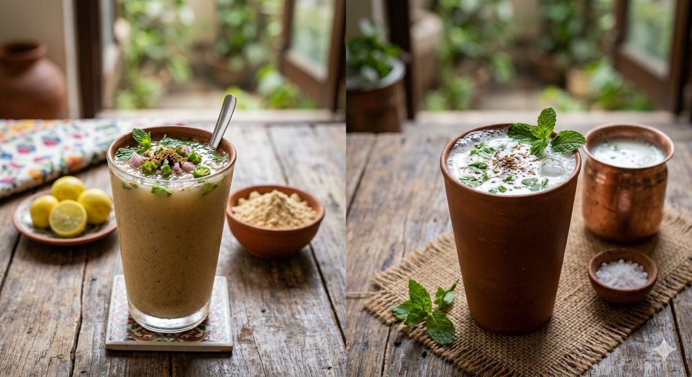 Sattu sharbat and buttermilk are Indian traditional drinks that can provide cooling