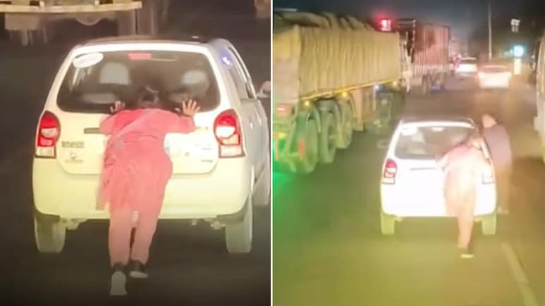 बीच हाईवे पर खराब हुई कार, पति की मदद के लिए पत्नी ने लगाया धक्का, दिल छू लेने वाला वीडियो इंटरनेट पर हुआ वायरल