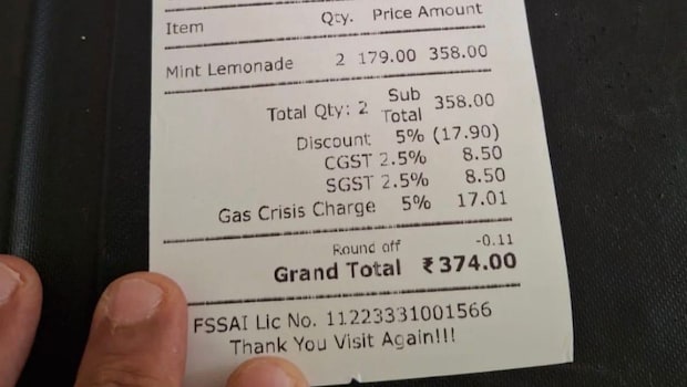 Bengaluru Cafe Bill With 'Gas Crisis Charge' On Lemonade Goes Viral Online