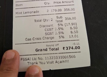 Bengaluru Cafe Bill With 'Gas Crisis Charge' On Lemonade Goes Viral Online