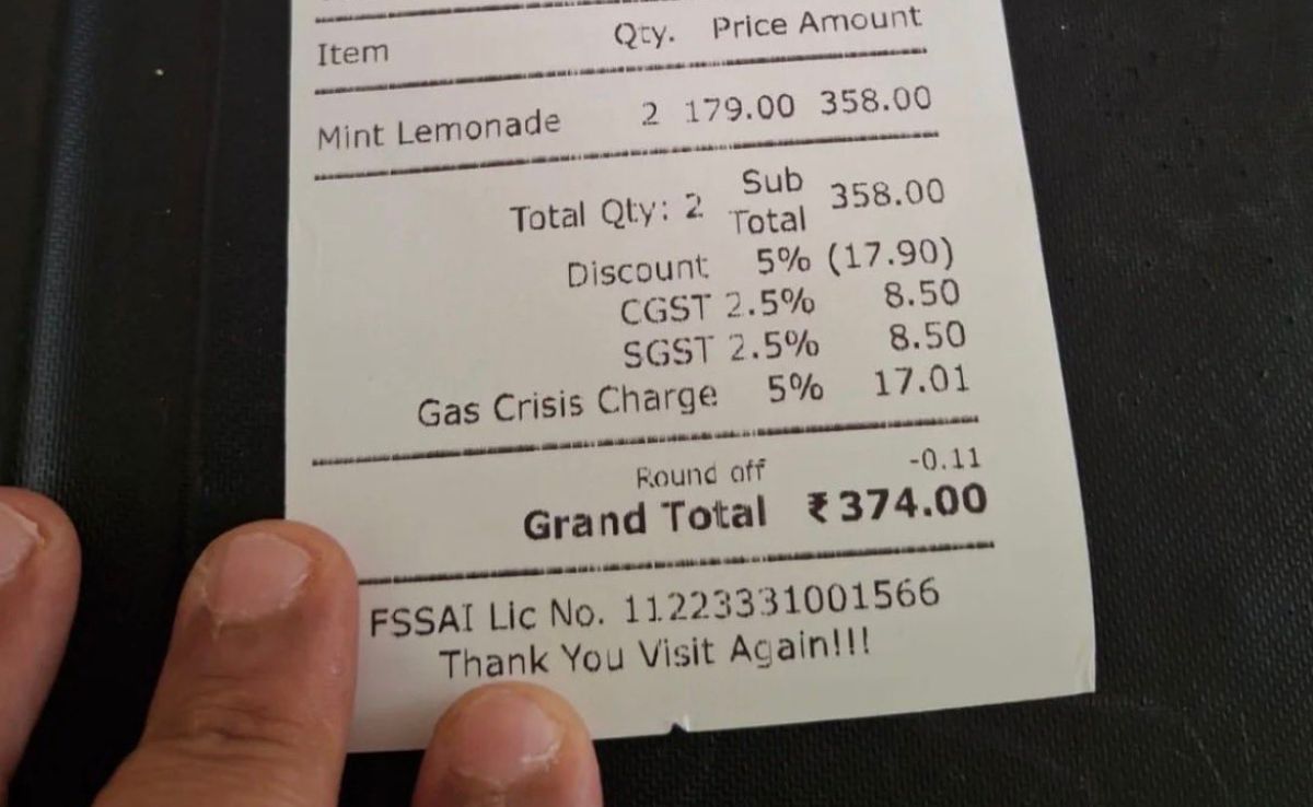 Bengaluru Cafe Bill With 'Gas Crisis Charge' On Lemonade Goes Viral Online