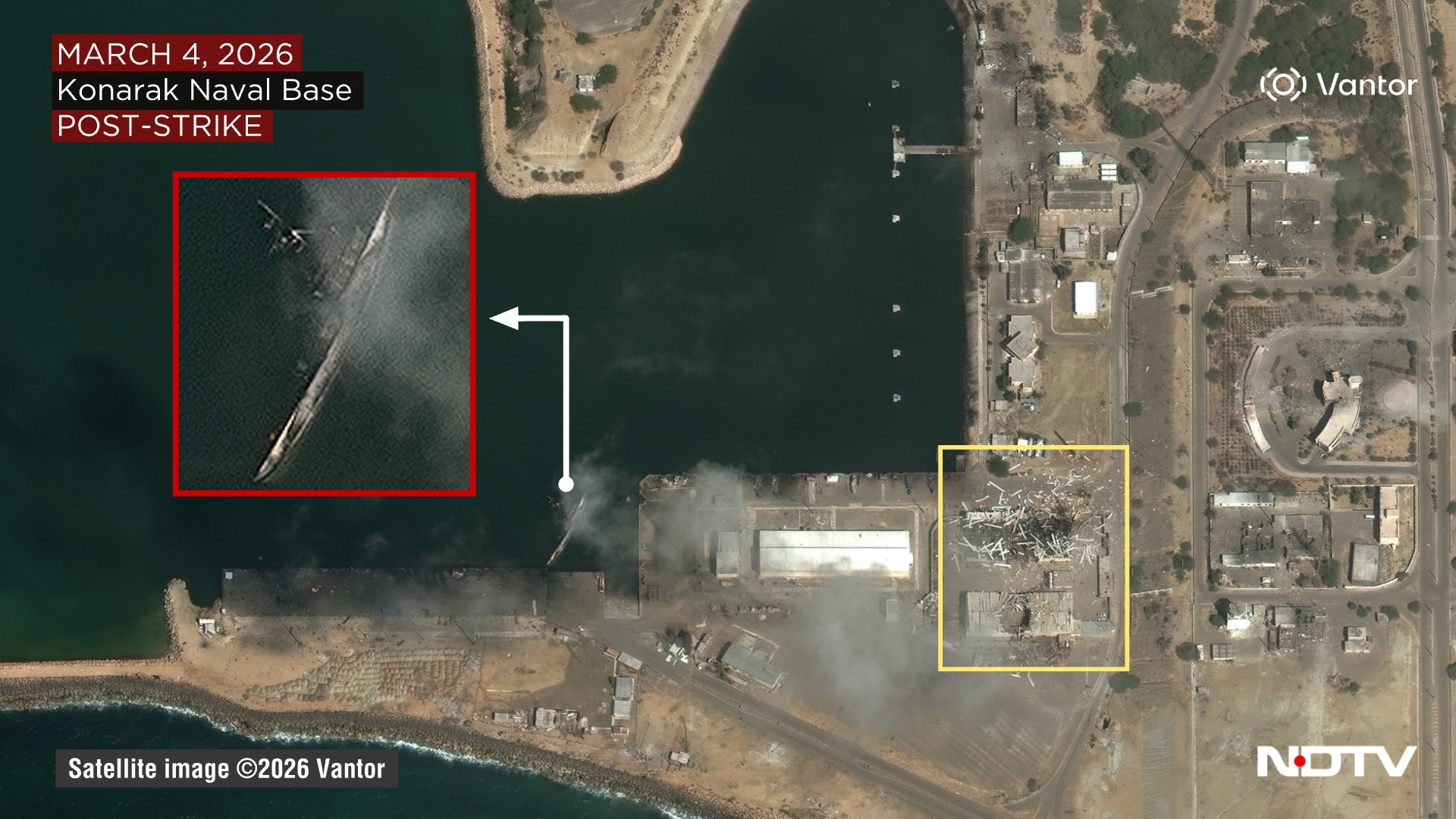 Satellite photographs show damaged buildings and disrupted infrastructure within the base complex.