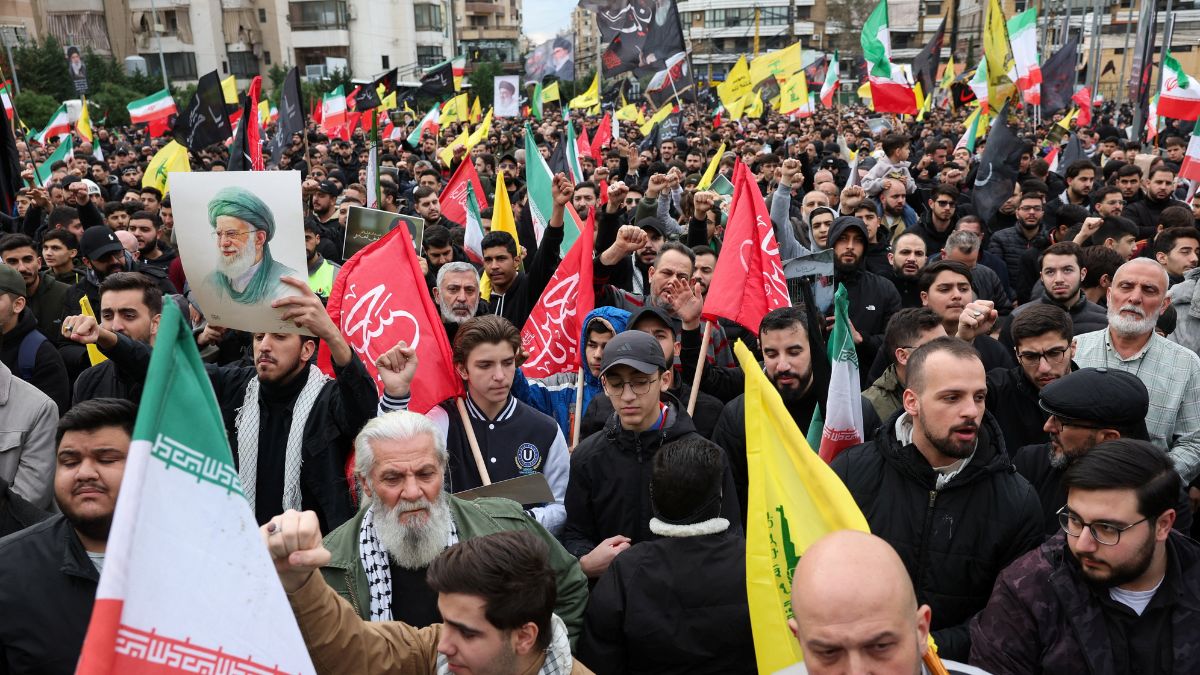 Hezbollah supporters in Beirut rally in solidarity with Iran, after US-Israel strikes killed Ali Khamenei.