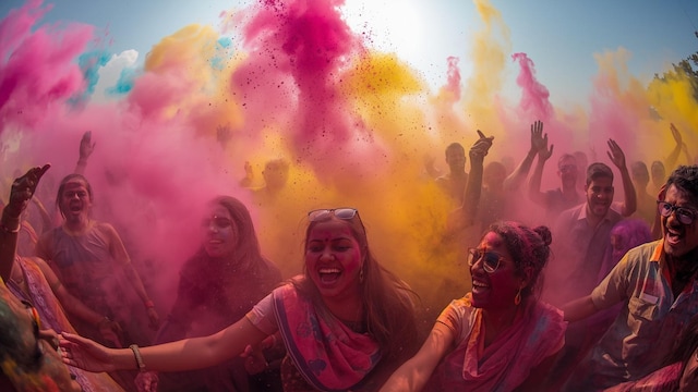 Holi is often celebrated outdoors for extended periods, sometimes during warm weather