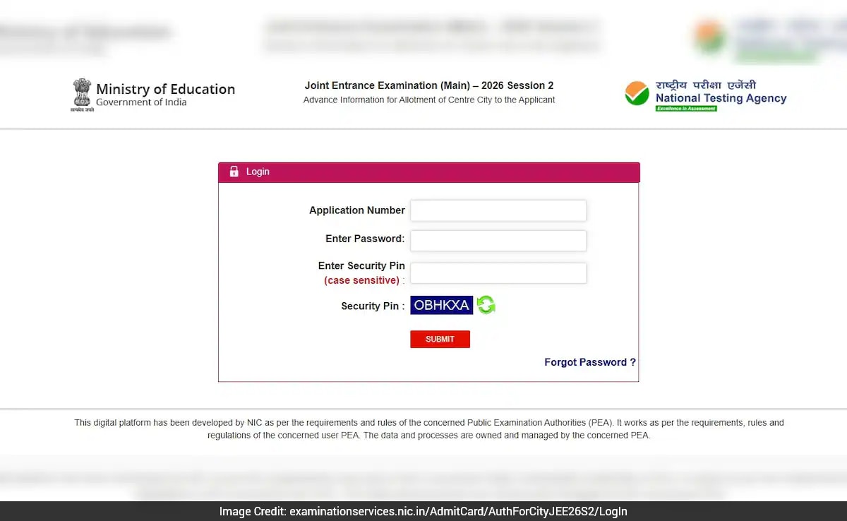 JEE Main 2026 Session 2 City Intimation Slip Released; Direct Link To Download Here