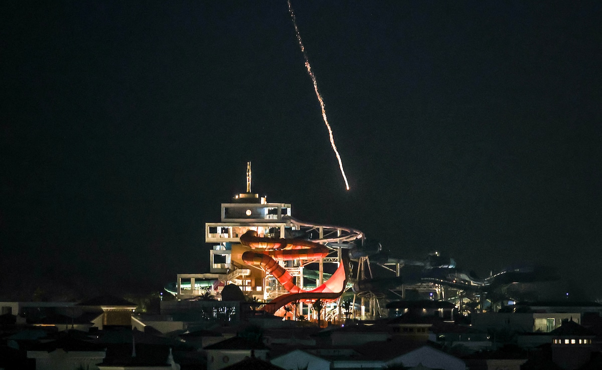 An intercepted projectile falls into the sea near Dubais Palm Jumeirah archipelago on March 1