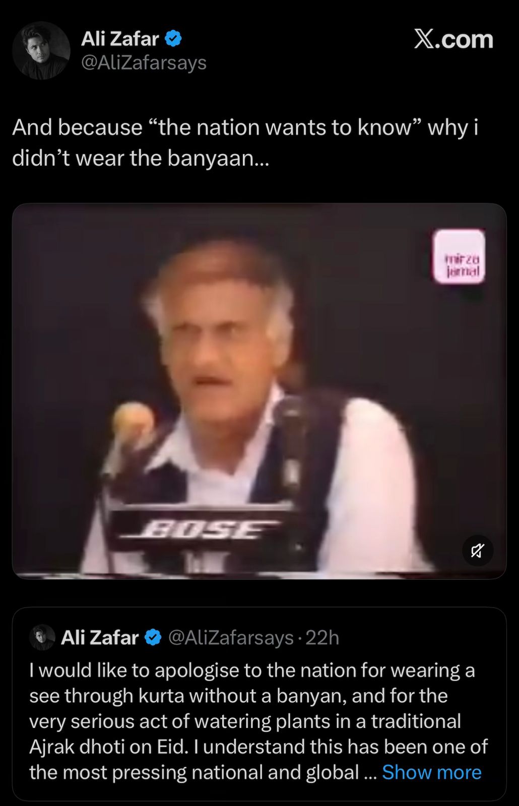 Screenshot of Ali Zafars follow-up X post.