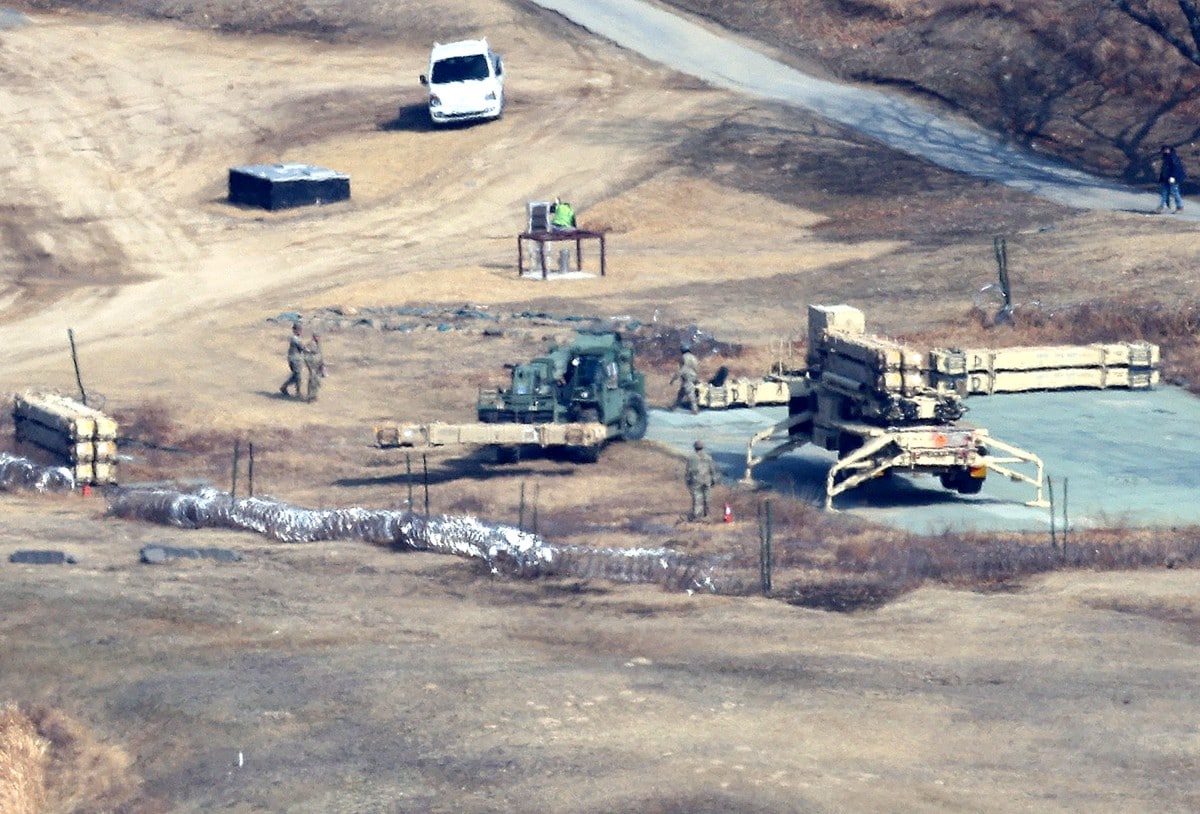 A launch vehicle of the Terminal High Altitude Area Defense (THAAD) system at a US military base in Seongju