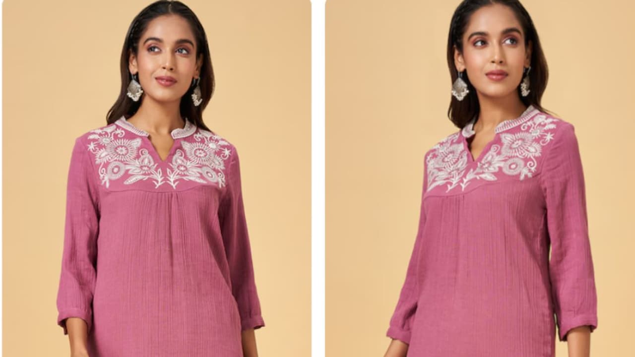 Click to buy: YU Magenta Embroidered Calf Length Casual Women Straight Fit Tunic