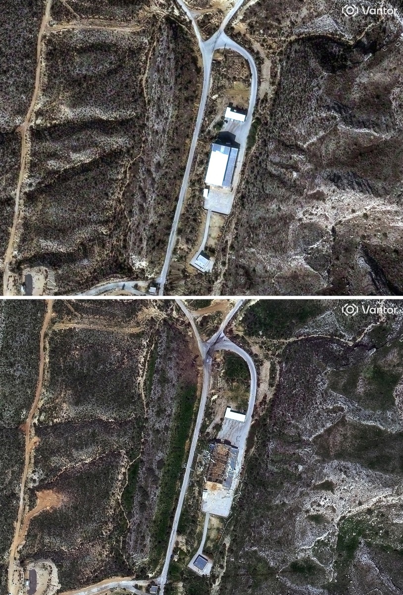 The storage buildings at the Iranian Jam missile base on December 24, 2025 (top), and a view of the damage to the storage building at the Iranian Jam missile base following a military strike on March 6, 2026.