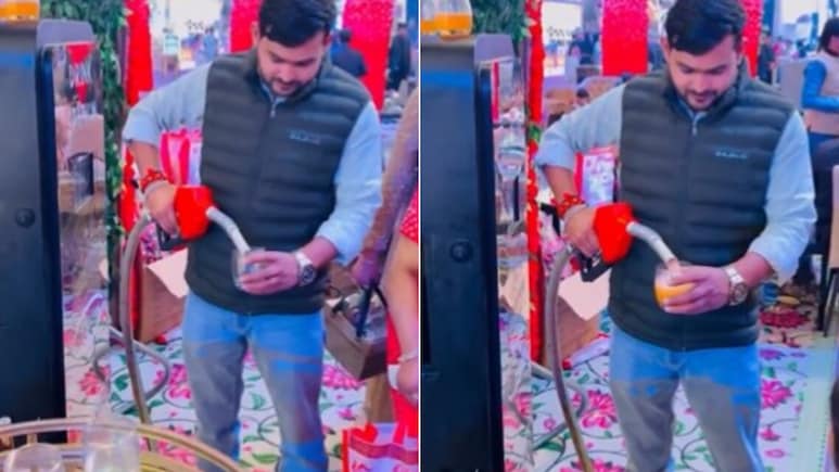 शादी के वेन्यू पर ही मेहमानों के लिए खुलवा दिया पेट्रोल पंप! जूस पिलाने का अनोखा तरीका देख हर कोई हैरान