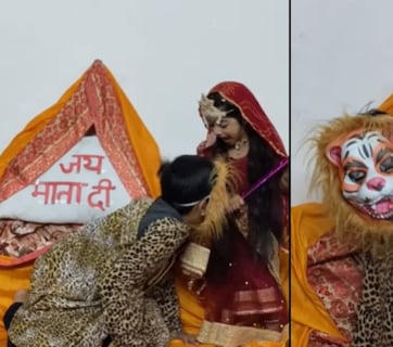 हाथ में त्रिशूल लिए मां शेरावाली बनी बच्ची, अपने ही शेर से डर गई, Video देख नहीं रोक पाएंगी हंसी