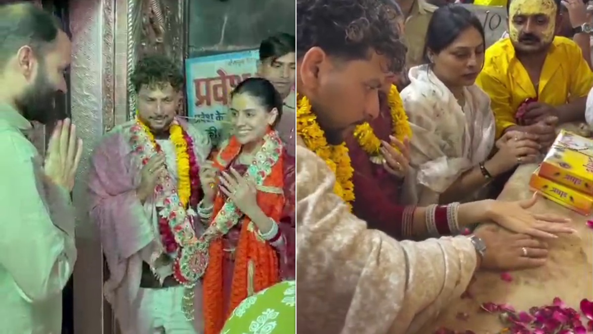 बांके बिहारी की शरण में कुलदीप यादव, पत्नी संग पहुंचे वृंदावन, इत्र लगाकर की सेवा