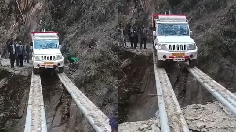 Video: Mahindra Bolero Pikup Defies Odds, Crosses Deep Trench Balancing On Pipes