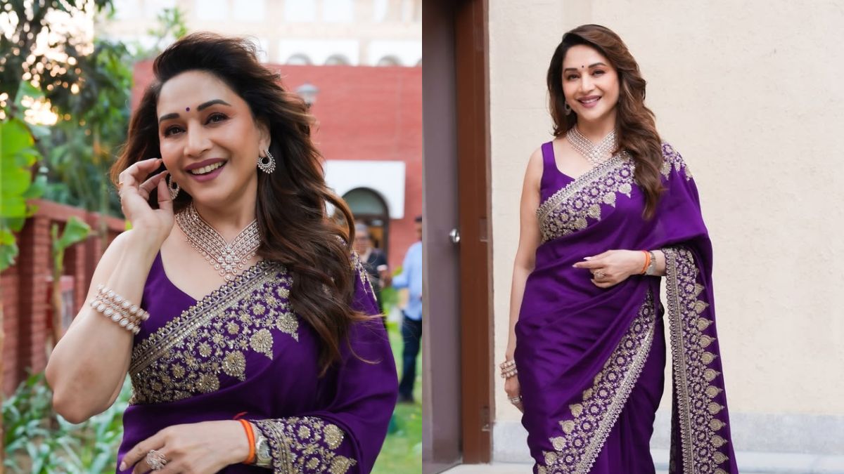 Madhuri Dixit Exudes Royal Grace In A Purple Saree And Diamond Jewels