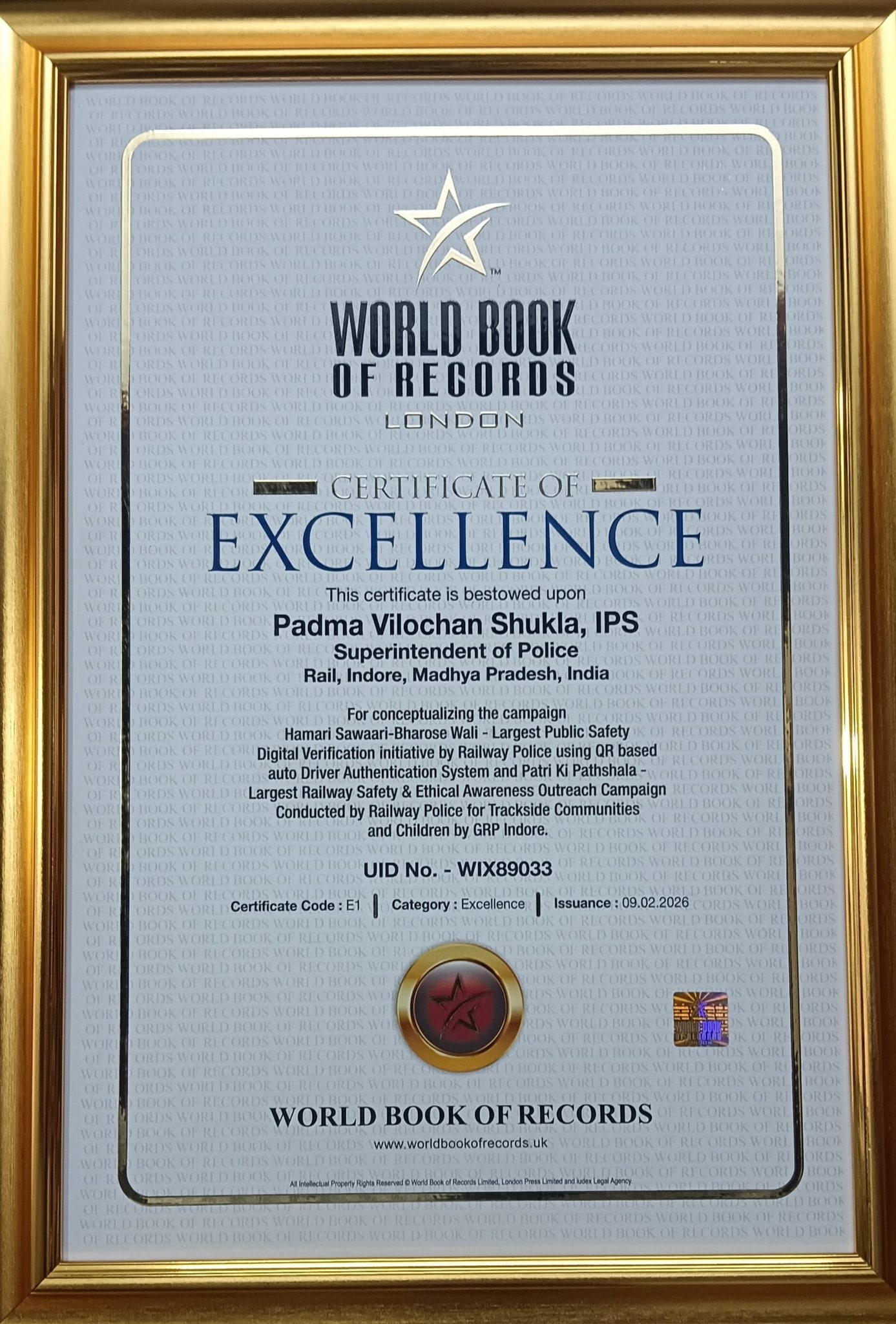 ips padma vilochan shukla sp barwani MP world book of records ips padma vilochan shukla sp barwani MP world book of records