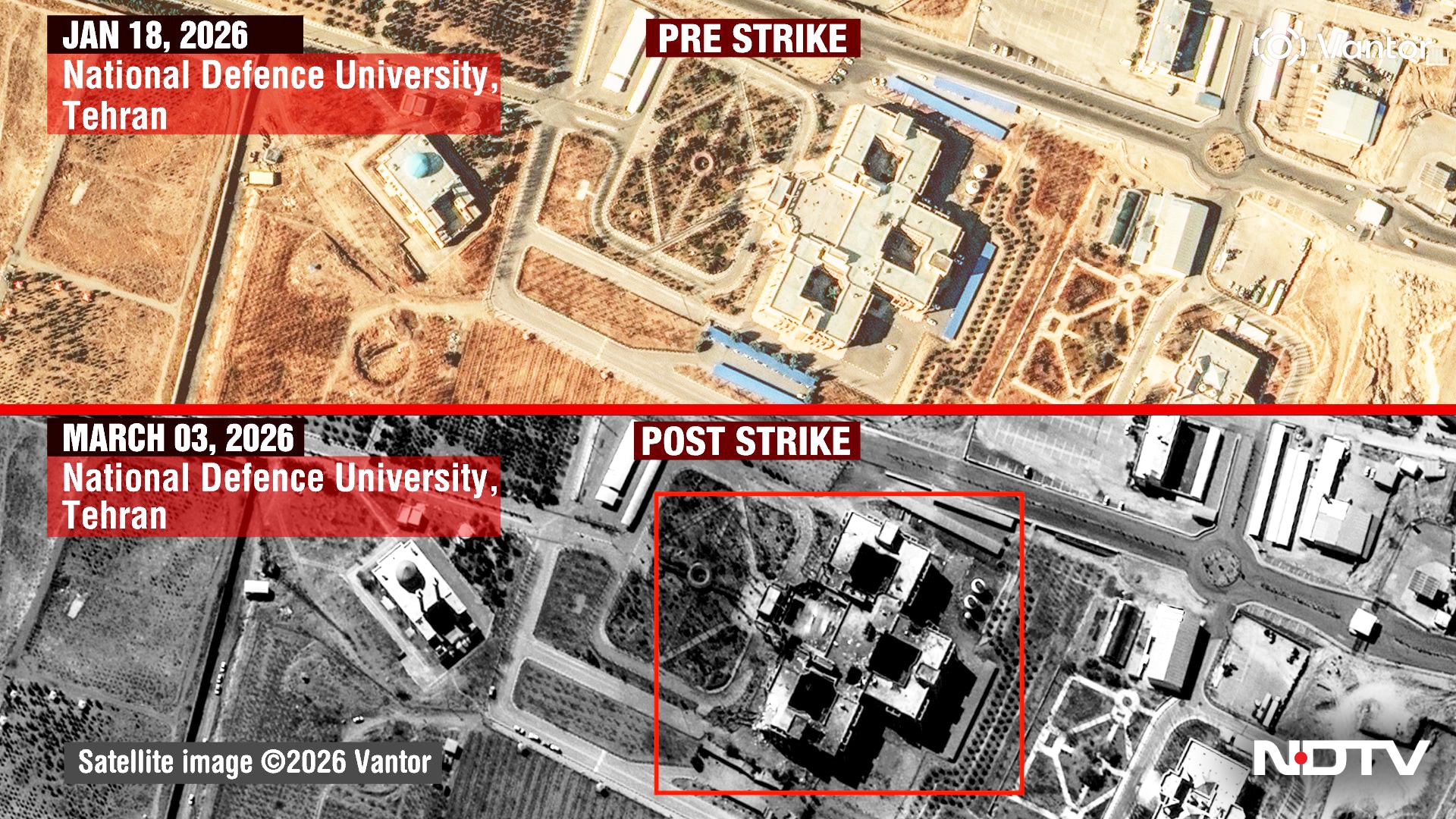 Satellite imagery of the National Defense University campus also shows extensive structural damage. Satellite imagery of the National Defense University campus also shows extensive structural damage.