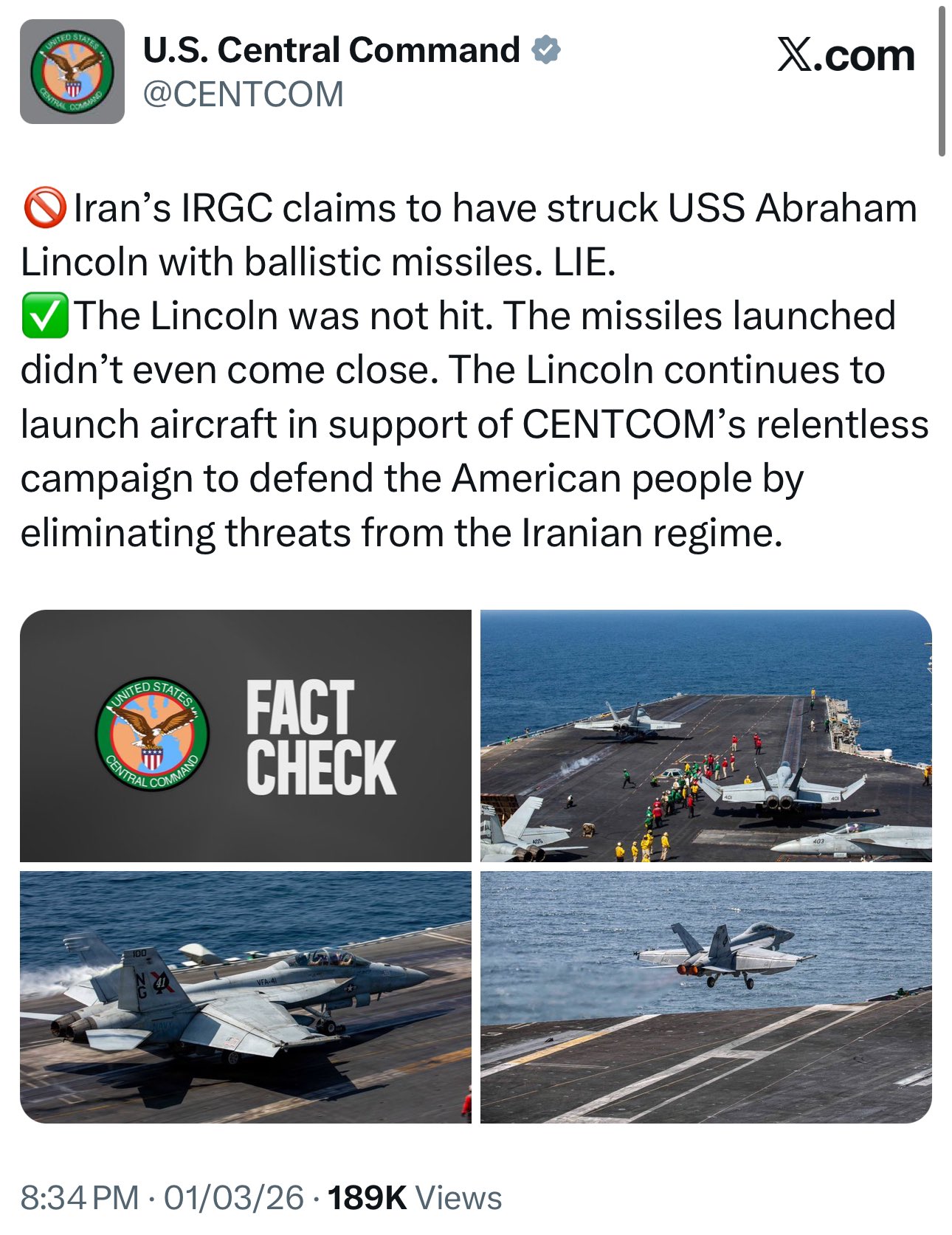 अब्राहम लिंकन युद्धपोत पर हमले के दावे पर यूएस का जवाब.