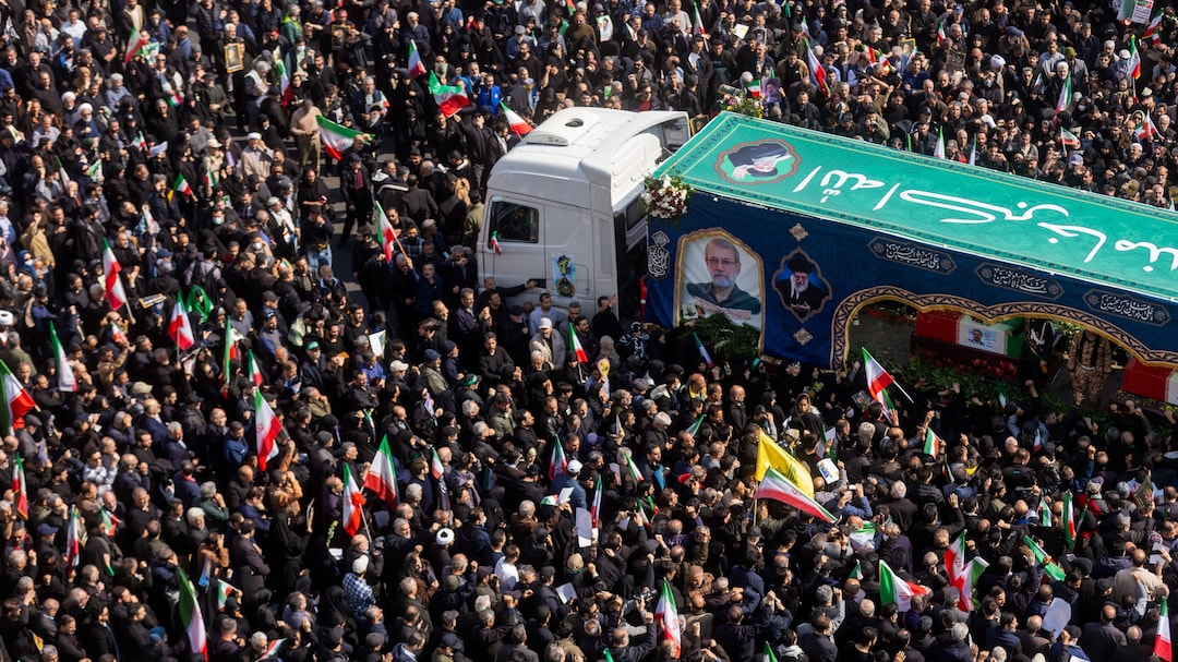 Crowds at a joint funeral for Ali Larijani, Gholam Soleimani and IRIS Dena frigate sailors in Tehran, on March 18. Photographer: Majid Saeedi/Getty Images