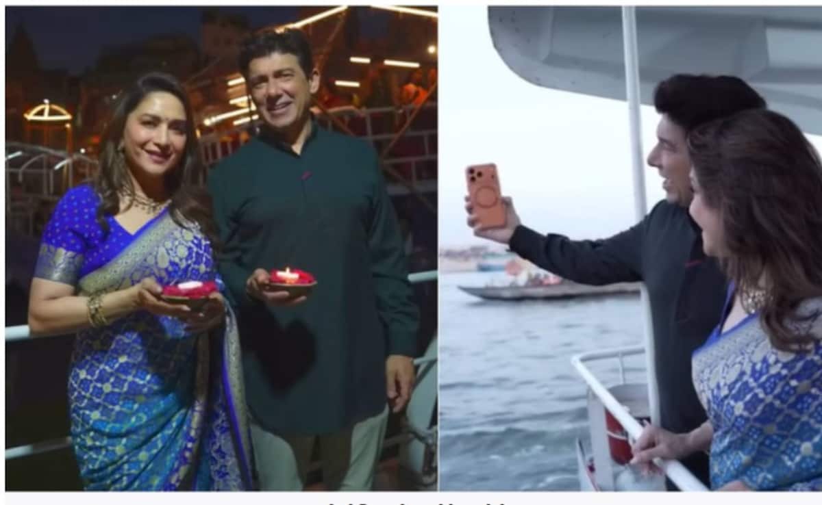 माधुरी दीक्षित ने पति नेने संग किए बाबा विश्वनाथ के दर्शन, बनारस के घाटों पर घूमने के बाद गंगा आरती में हुईं शामिल