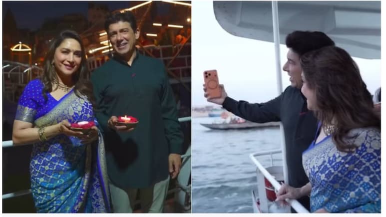 माधुरी दीक्षित ने पति नेने संग किए बाबा विश्वनाथ के दर्शन, बनारस के घाटों पर घूमने के बाद गंगा आरती में हुईं शामिल