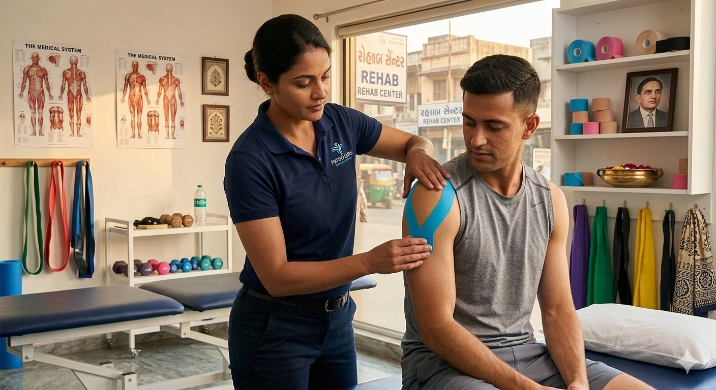 Sports taping involves applying specialised adhesive tape to the skin around a muscle or joint