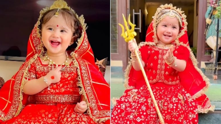 लाल जोड़ा, सिर पर मुकुट, हाथ में त्रिशूल... नन्ही बच्ची का दुर्गा अवतार हुआ वायरल, देखकर मंत्रमुग्ध हुए लोग