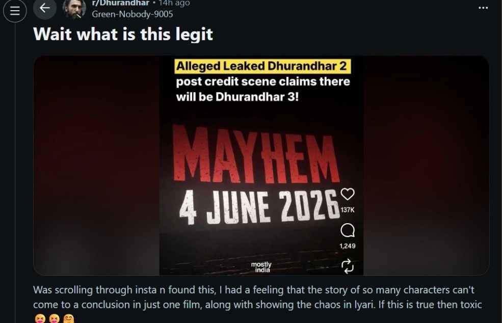 Screenshot of the Reddit thread about Dhurandhar 3.