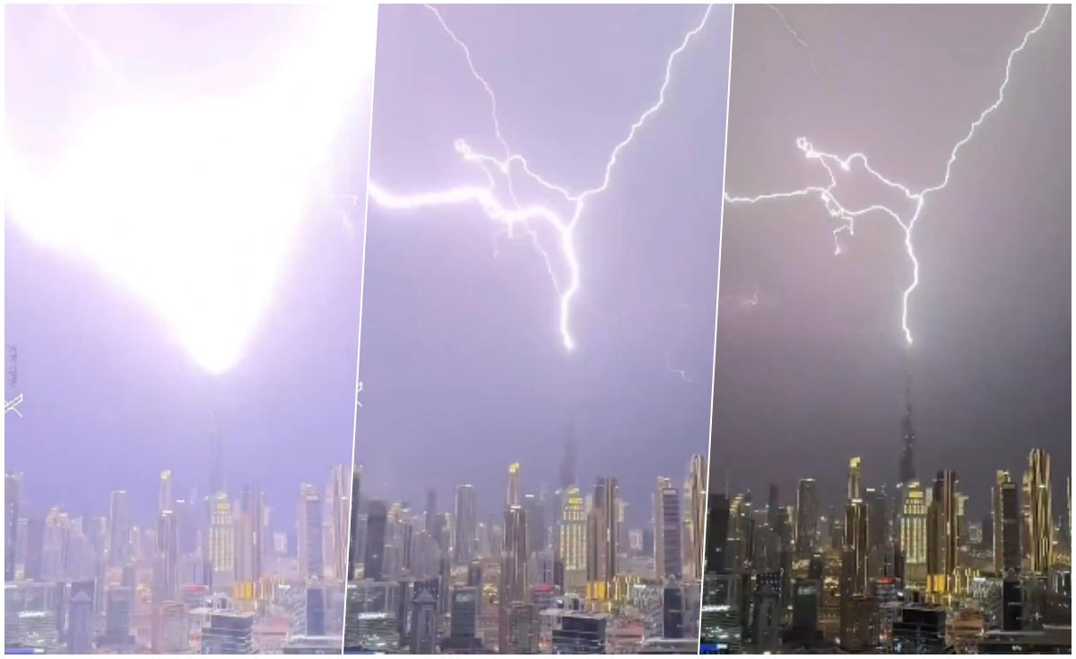 दुबई की बुर्ज खलीफा इमारत पर आसमां से गिरी बिजली, कैमरे में कैद नजारा देख उड़ जाएंगे होश
