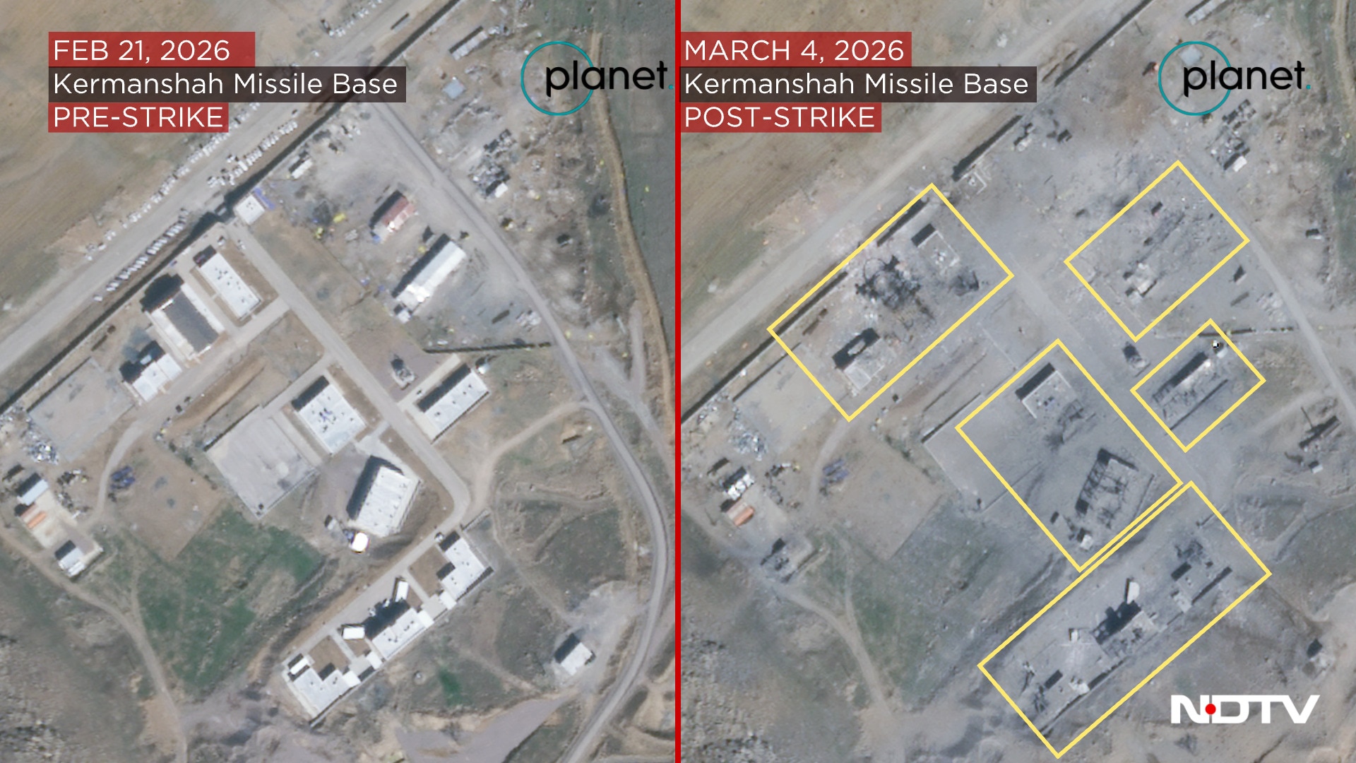 The images compare views taken on February 21, 2026, with new imagery from March 4, 2026. 