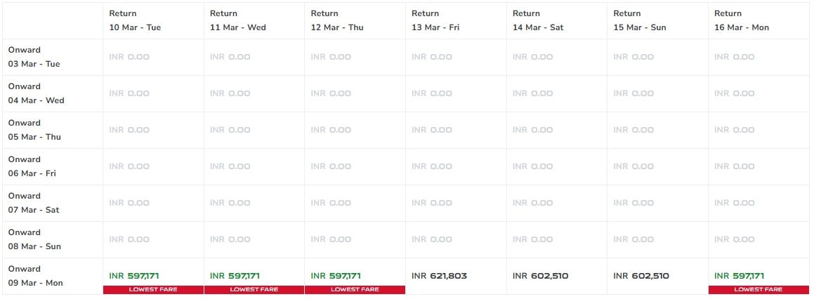 For departures on Monday, March 9, the lowest fares are displayed as INR 5,97,17 (Lowest fare), and prices go as high as Rs 6,02,510 For departures on Monday, March 9, the lowest fares are displayed as INR 5,97,17 (Lowest fare), and prices go as high as Rs 6,02,510