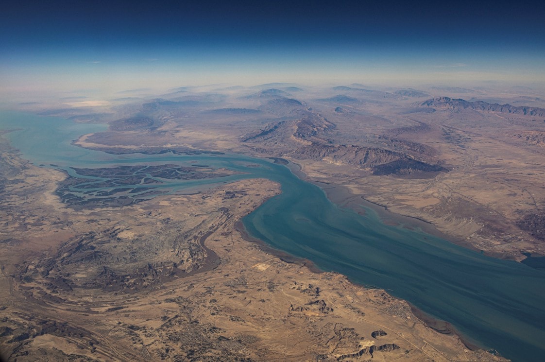 An aerial view of the Iranian shores and the island of Qeshm in the strait of Hormuz, December 10, 2023.