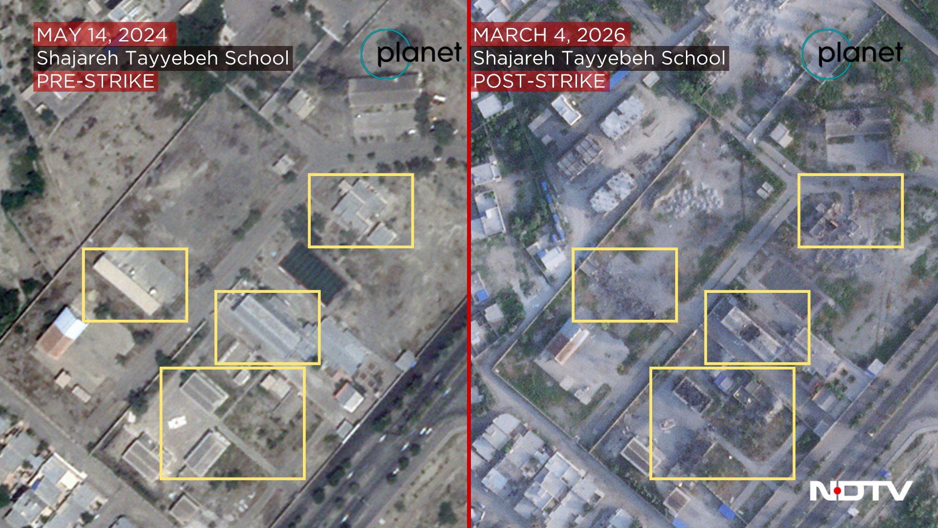 Satellite images comparing May 14, 2024 with March 4, 2026 show visible structural damage across the school compound.