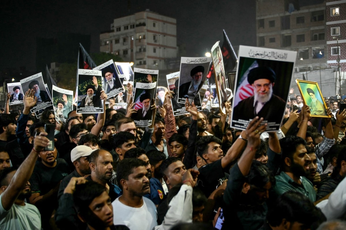 Protesters mourn the death of Khamenei in Hyderabad, India. 