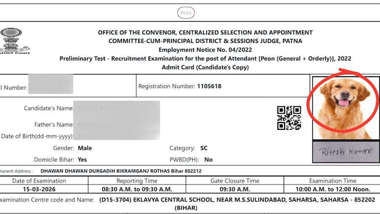 एडमिट कार्ड में कुत्ते की फोटो, बिहार के रोहतास में इस कैंडिडेट के साथ तो गजब हो गया, 15 मार्च को है एग्जाम