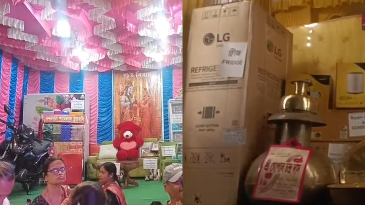 भगवान को दहेज में देने के लिए सामानों की सजावट की जाती है