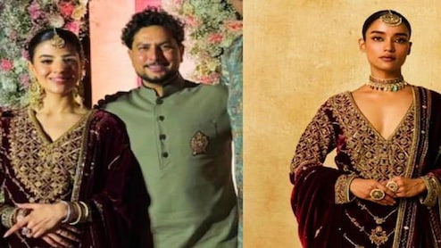 जरदोजी वाले वेलवेट सूट में चमकी कुलदीप यादव की दुल्हन Vanshika Chaddha, मेहंदी में रॉयल लुक ने लूट ली महफिल