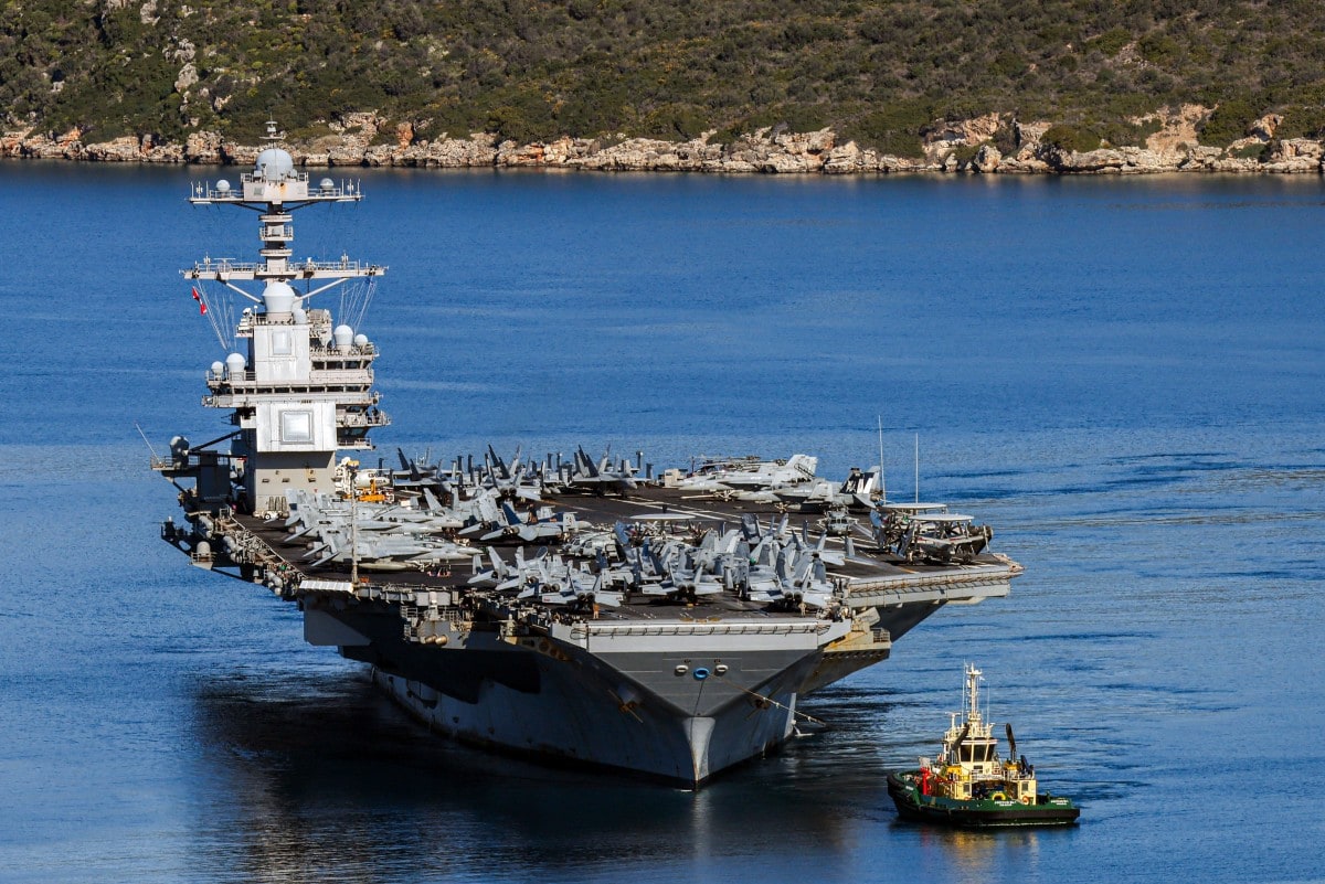 The US Navy aircraft carrier USS Gerald R. Ford departs Souda Bay on the island of Crete on February 26, 2026.